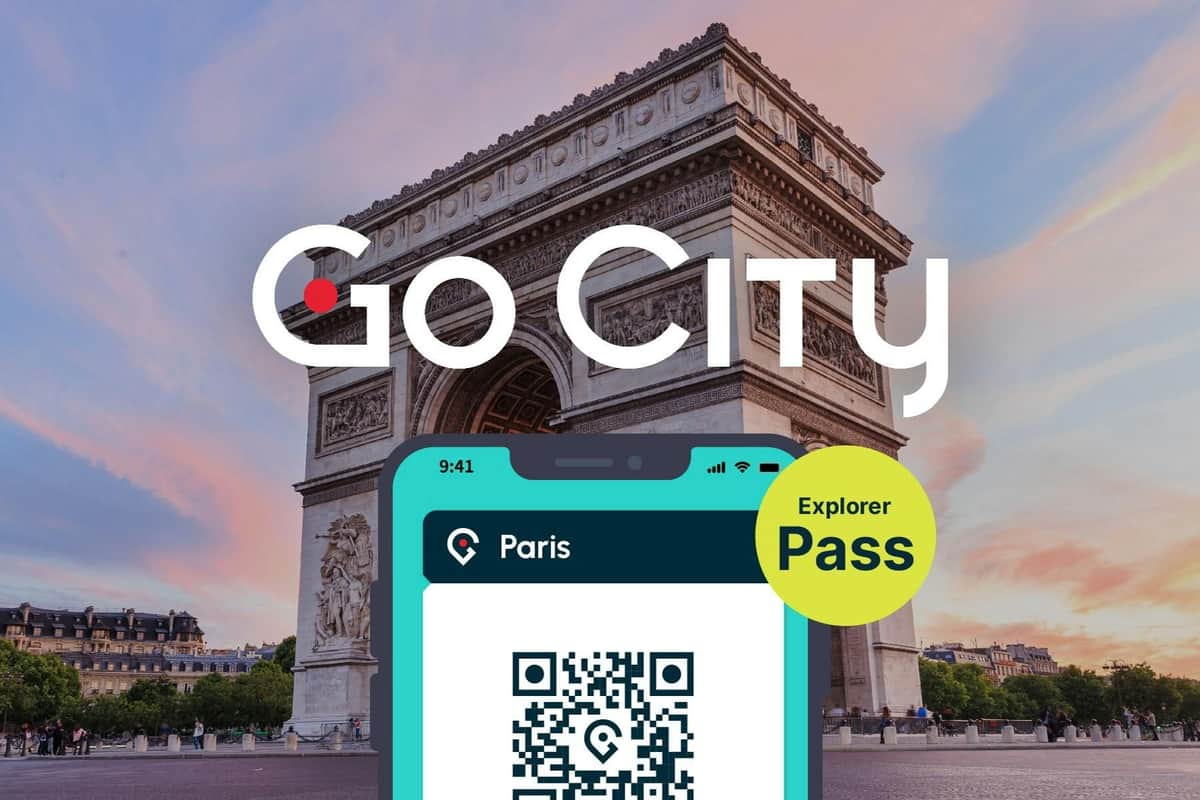 Arc de Triomphe in the background with Go City Explorer Pass logo in front, with graphic of a mobile phone.