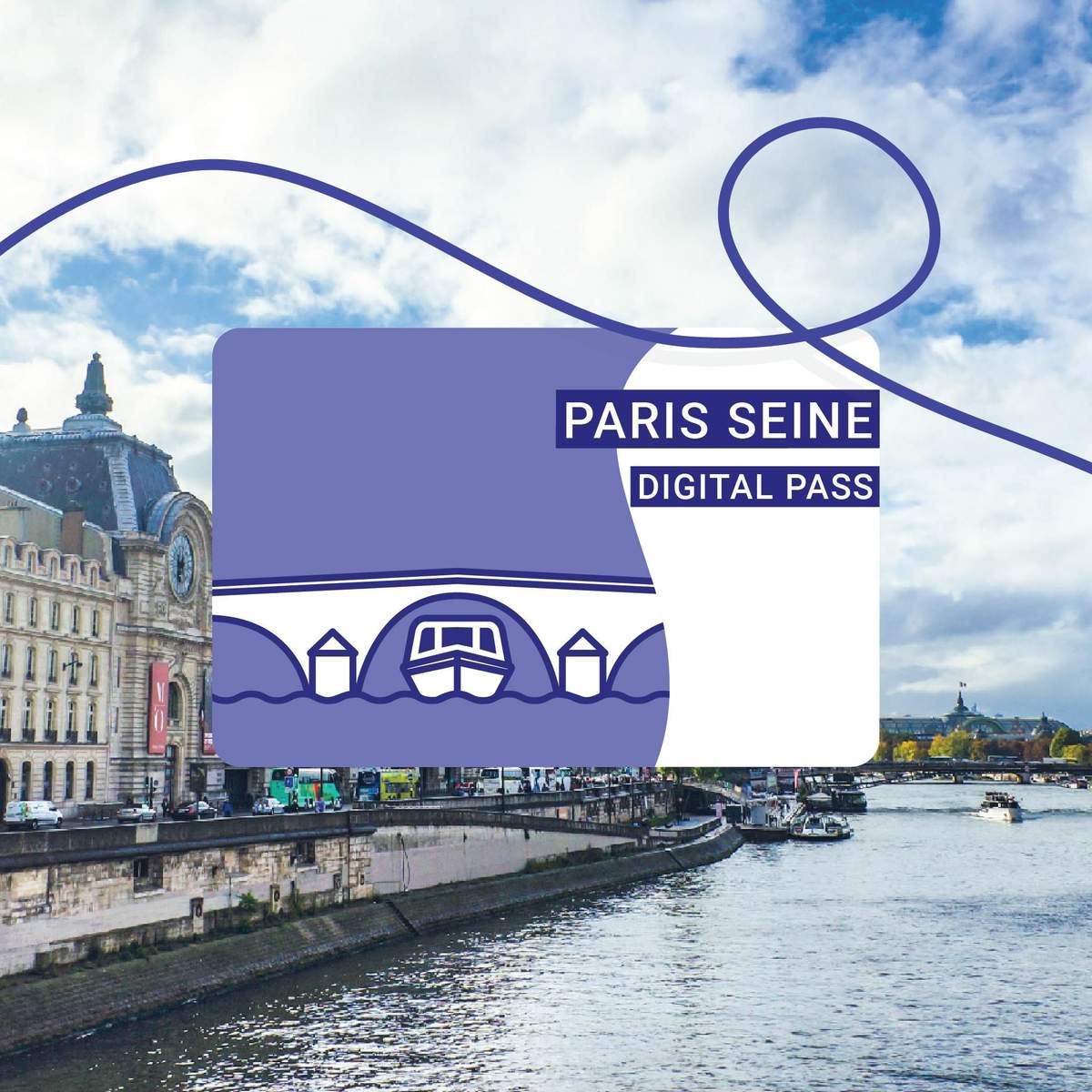 A digital pass card design for "Paris Seine" overlaid on a scenic view of the Seine River with historic buildings and boats.