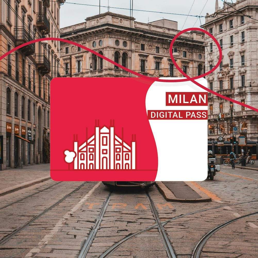 A red and white card labeled "Milan Digital Pass" is overlaid on a street scene with historic buildings and tram tracks in Milan.