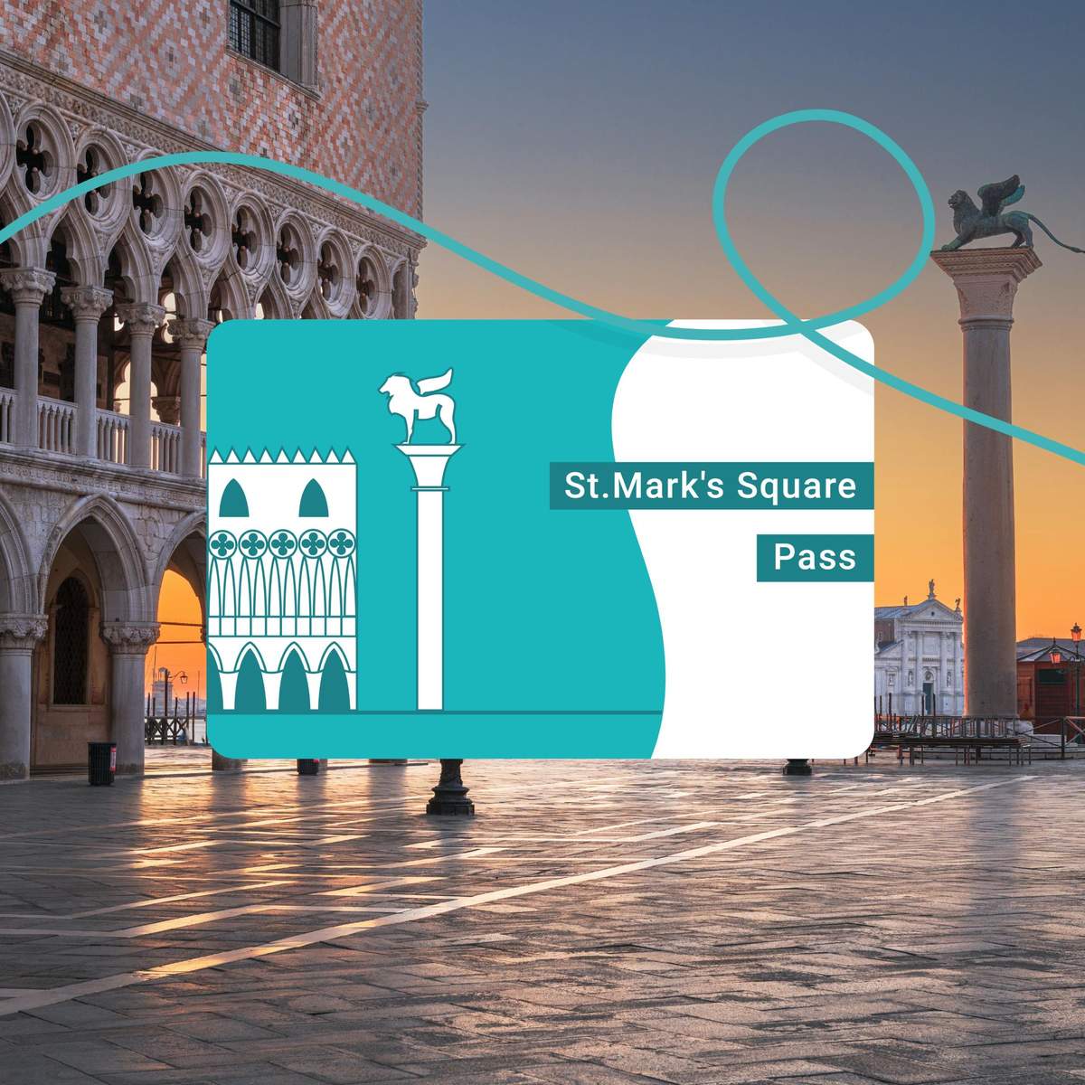 Praça de São Marcos Pass – Basílica de São Marcos e outras 2 atrações A Praça de São Marcos ao pôr do sol com uma sobreposição gráfica "St. Mark's Square Pass" mostrando uma coluna e um ícone de edifício.