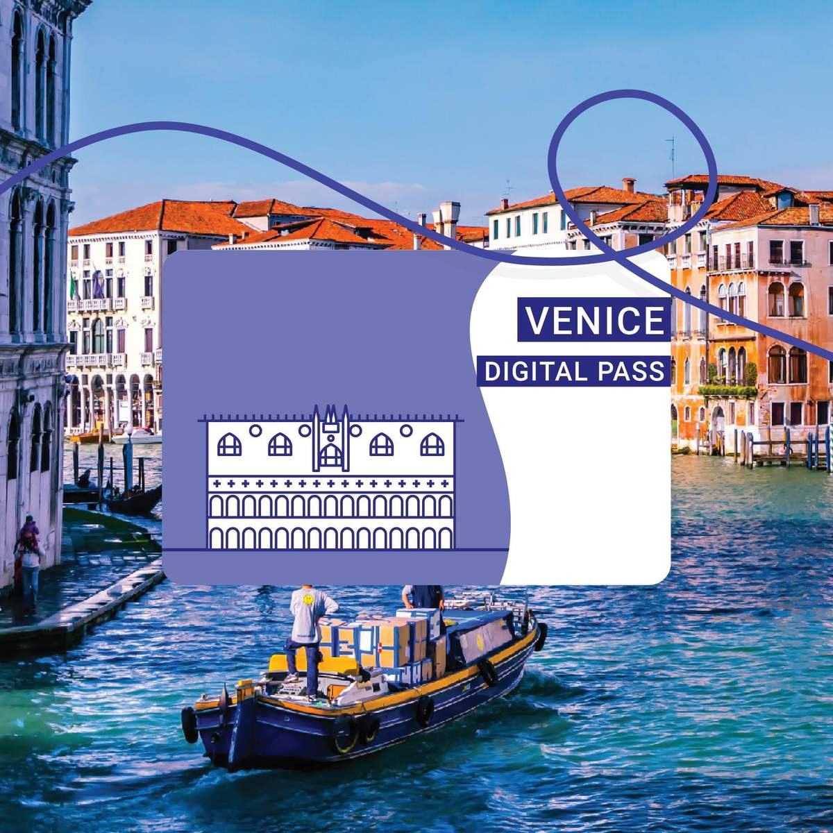 A boat laden with packages navigates a canal in Venice, with historic buildings and a Venice Digital Pass graphic overlay.