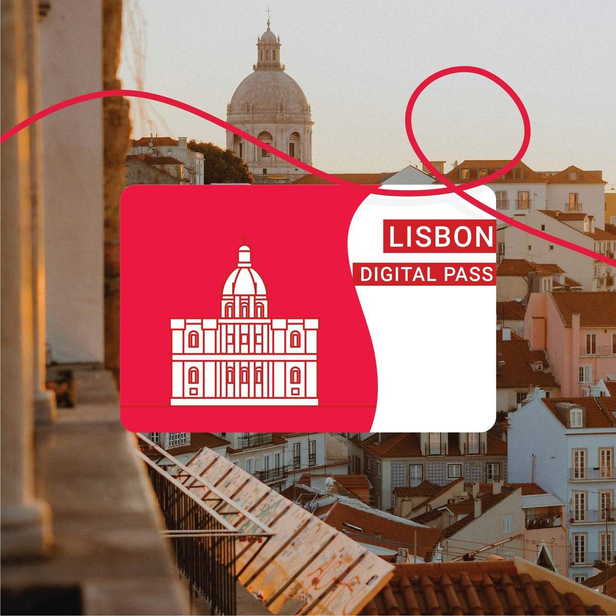 The Lisbon Pass (Lissabon) Kort med teksten "Lisbon Digital Pass" overlejret på en naturskøn udsigt over Lissabons hustage og historiske bygninger.