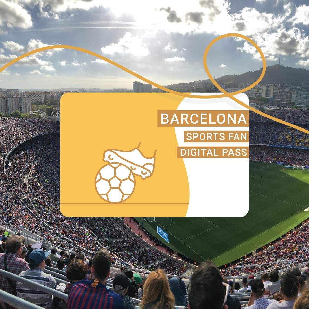 바르셀로나 스포츠 팬 디지털 패스 (Barcelona Sports Fan Digital Pass)' 라고 적힌 디지털 패스가 겹쳐진 경기장에는 많은 관중과 축구장이 있습니다.