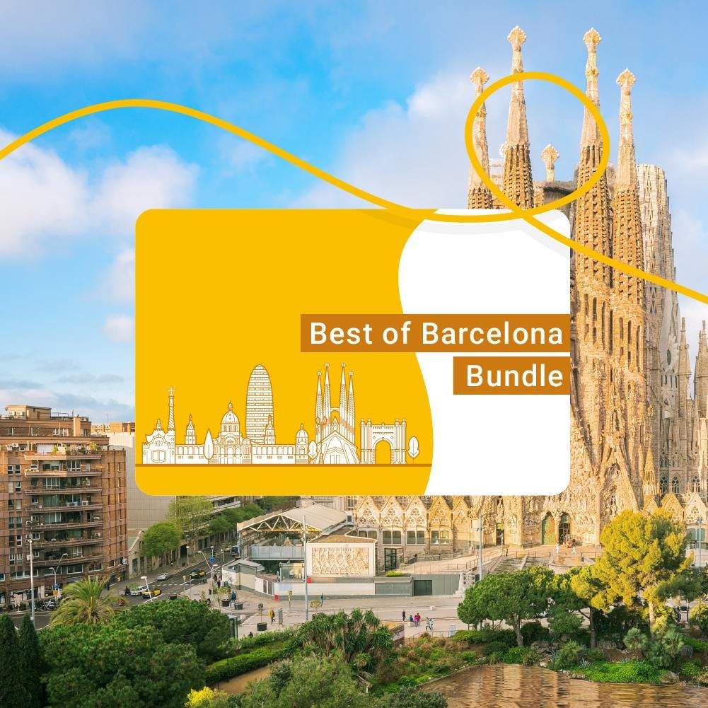 Kombiticket: Highlights von Barcelona (Barcelona) Eine Ansicht der Sagrada Família in Barcelona mit einer Werbegrafik für das Kombi-Paket "Best of Barcelona" als Overlay.
