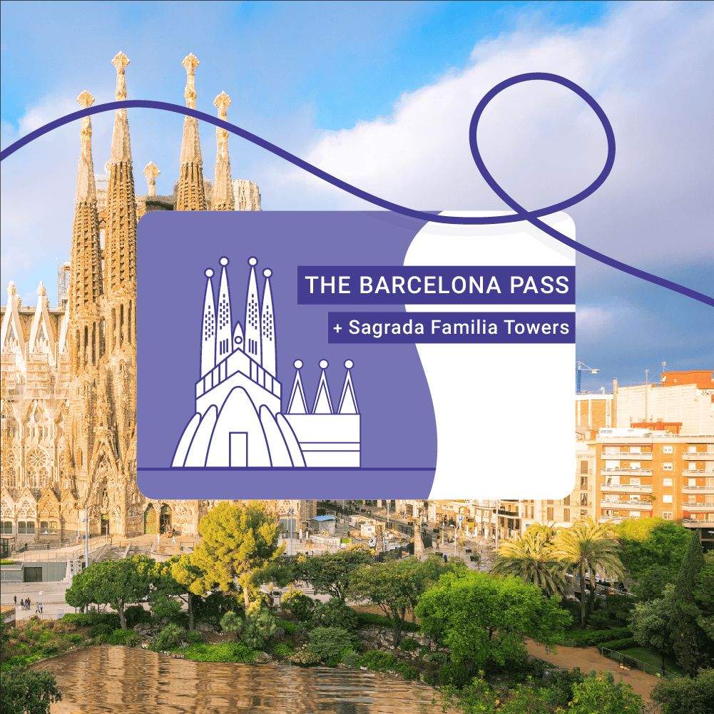 Sagrada Família amb jardins en primer pla, un cel blau i una superposició d'una targeta de passis que diu "EL passi de BARCELONA + les torres de la Sagrada Família".