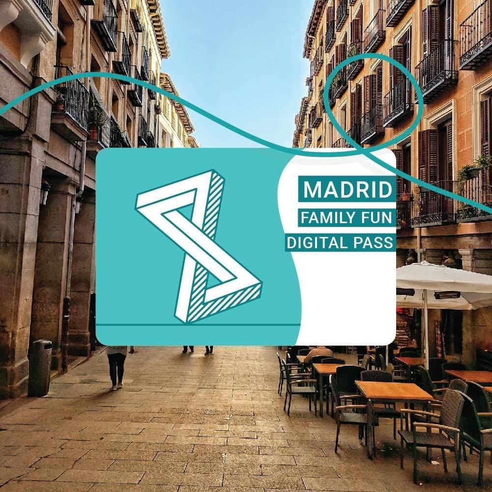 A lively street in Madrid with outdoor seating and cafes. Overlay shows a "Madrid Family Fun Digital Pass" card.