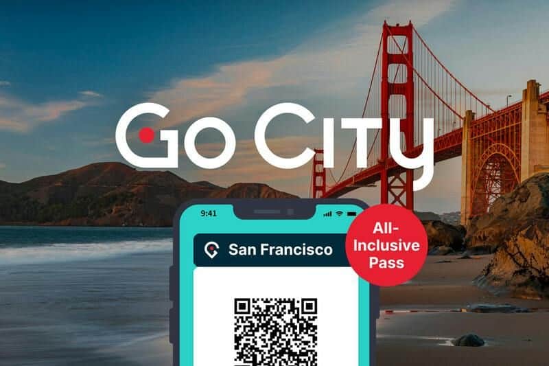 Go City San Francisco: All Inclusive Pass with 25+ Attractions (San Francisco) A "Go City" pass for San Francisco displayed on a smartphone screen, with the Golden Gate Bridge in the background.
