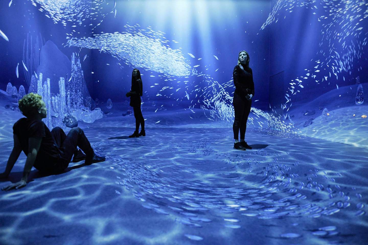 Three people in a dark, immersive room with projections of underwater scenes, including schools of fish and aquatic structures.
