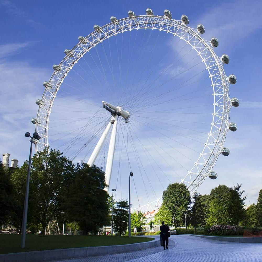 A towering Ferris wheel with enclosed passenger pods stands against a clear blue sky, surrounded by trees and a paved walkway.