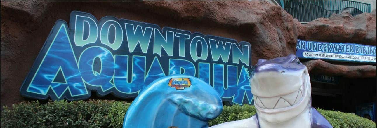 Sign reading "Downtown Aquarium" with a shark statue and wave sculpture in front. Entrance to an underwater dining area visible.