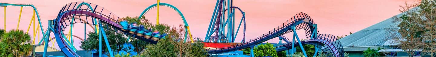 SeaWorld Orlando Bykort (Orlando) Farverig rutschebane med sløjfer og drejninger, sat op mod en lyserød himmel, omgivet af træer og bygninger.