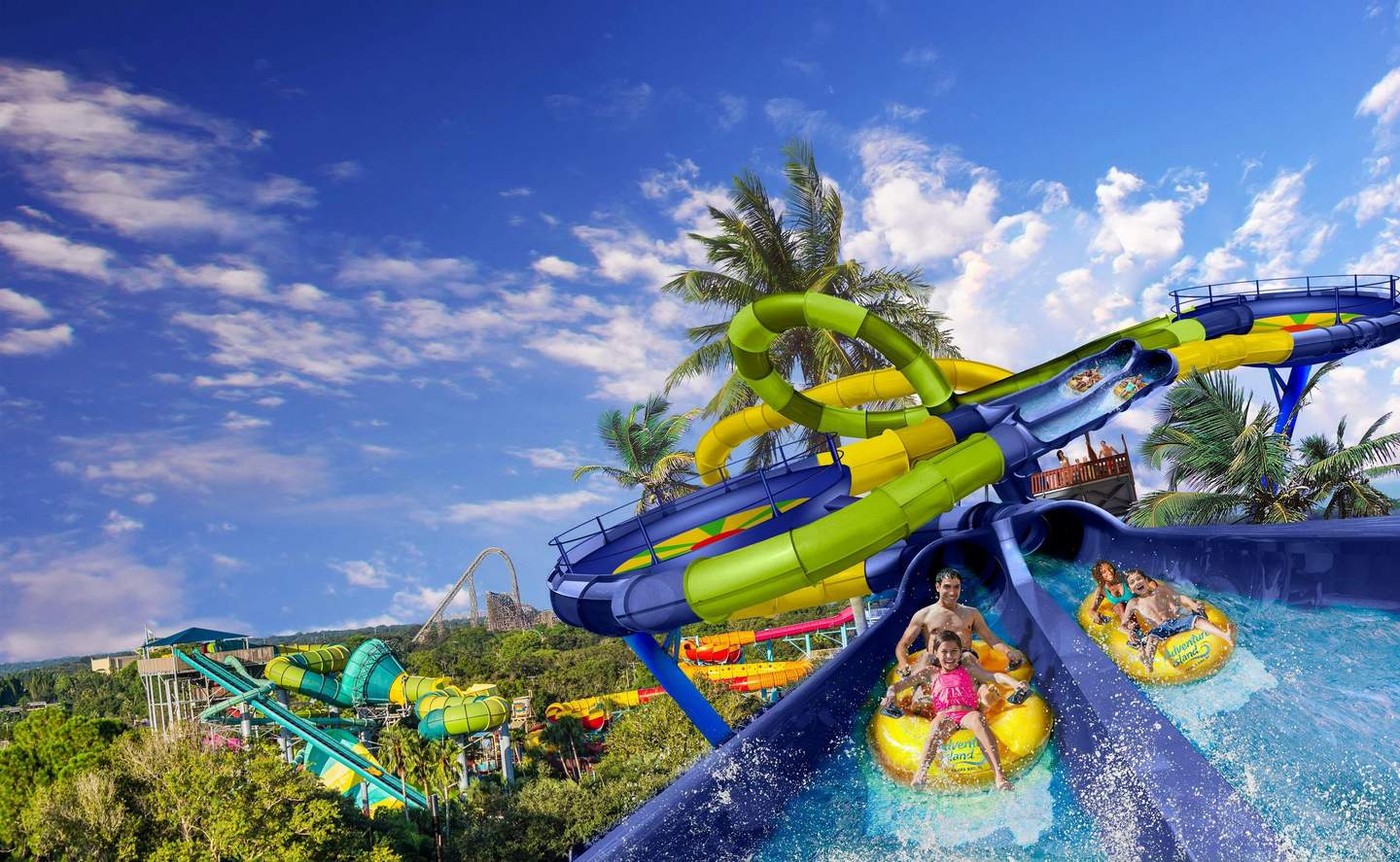 Mensen glijden van felgekleurde waterglijbanen tussen palmbomen onder een strakblauwe hemel in een waterpark.