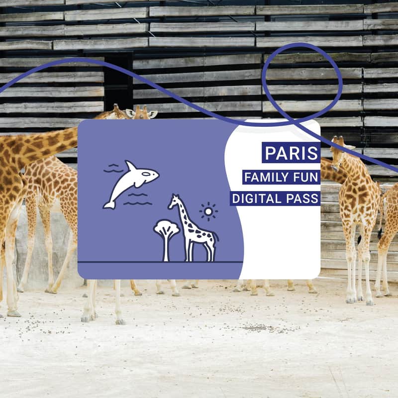 A group of giraffes stands in an enclosure with a Paris Family Fun Digital Pass graphic overlay.