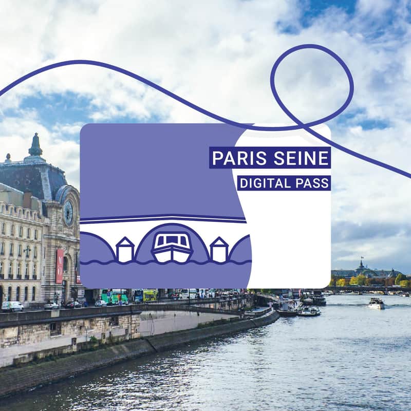 A digital pass card design for "Paris Seine" overlaid on a scenic view of the Seine River with historic buildings and boats.