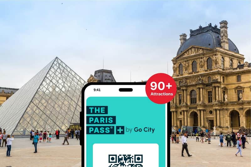 Paris Pass Plus phone graphic against backdrop of the Louvre pyramid