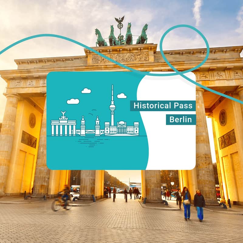People walking and cycling near the Brandenburg Gate in Berlin, overlaid with an illustration of Berlin landmarks and the text "Historical Pass Berlin."