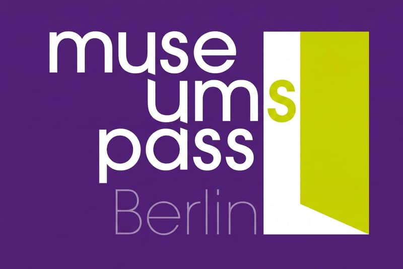 Logo with "Museums Pass Berlin" text in white and lime green on a purple background with a white and green graphic element.