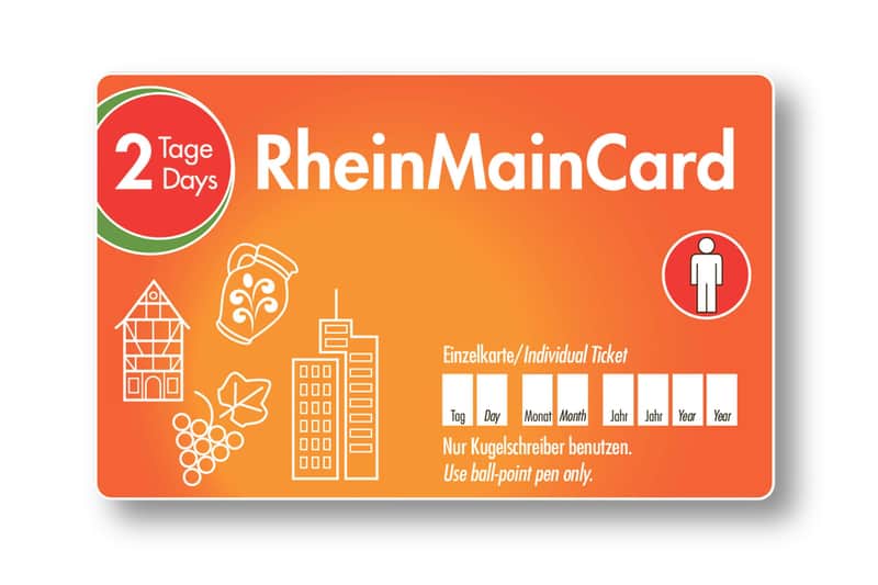 An orange RheinMainCard design featuring text, icons of buildings and grapes, and fields for filling out ticket details.