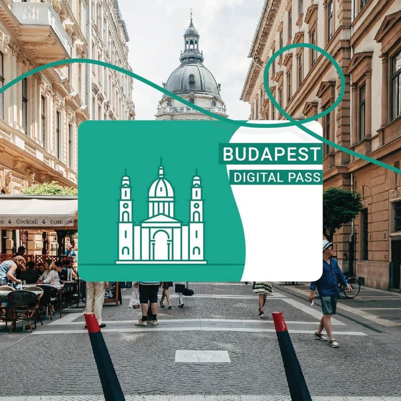 Street scene with outdoor café seating and people walking. A large illustration of the Budapest Digital Pass overlays the image.
