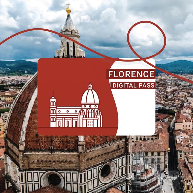 A Florence Digital Pass card superimposed over a view of Florence featuring the Florence Cathedral and cityscape.