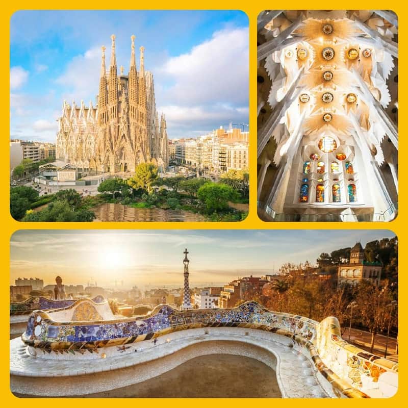 Collage de trois images : extérieur d'une cathédrale ornée, plafond d'une cathédrale aux motifs complexes et terrasse colorée d'un parc au coucher du soleil.