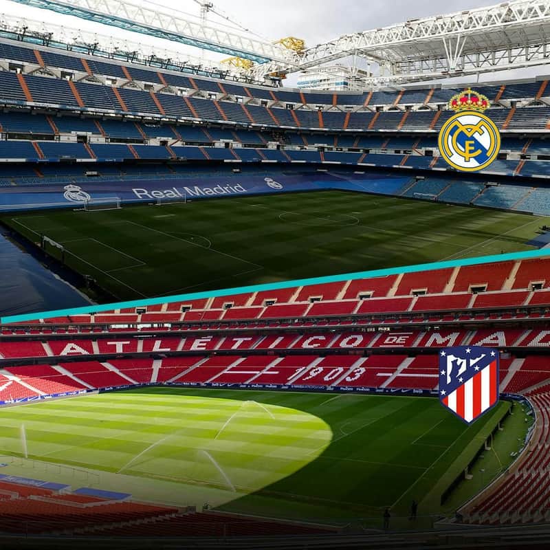 Split image showing Real Madrid's Santiago Bernabéu Stadium and Atlético Madrid's Metropolitano Stadium with team logos.