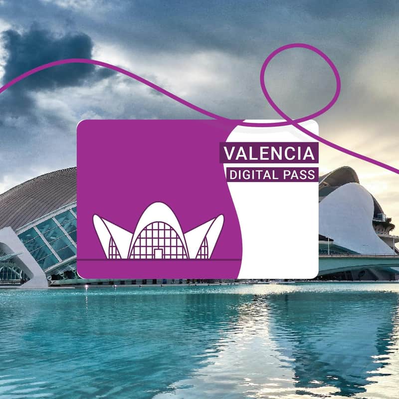 Large purple and white card with "Valencia Digital Pass" text, overlaying a futuristic building by a tranquil body of water.