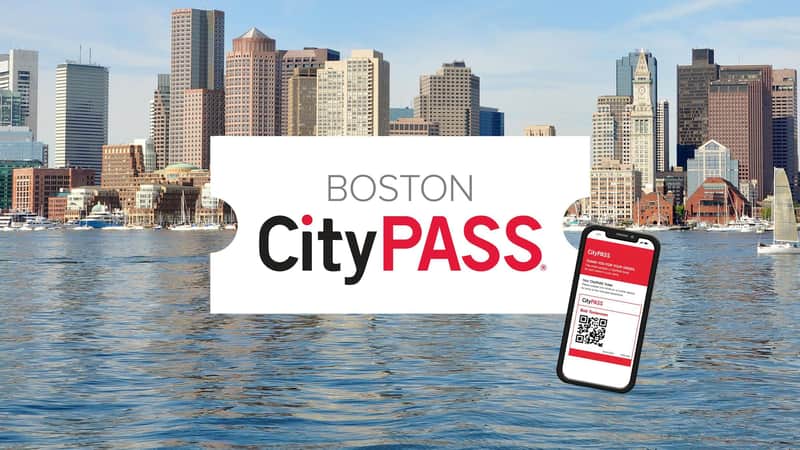 Boston skyline with tall buildings, water in the foreground, and a "Boston CityPASS" ticket and mobile pass shown.
