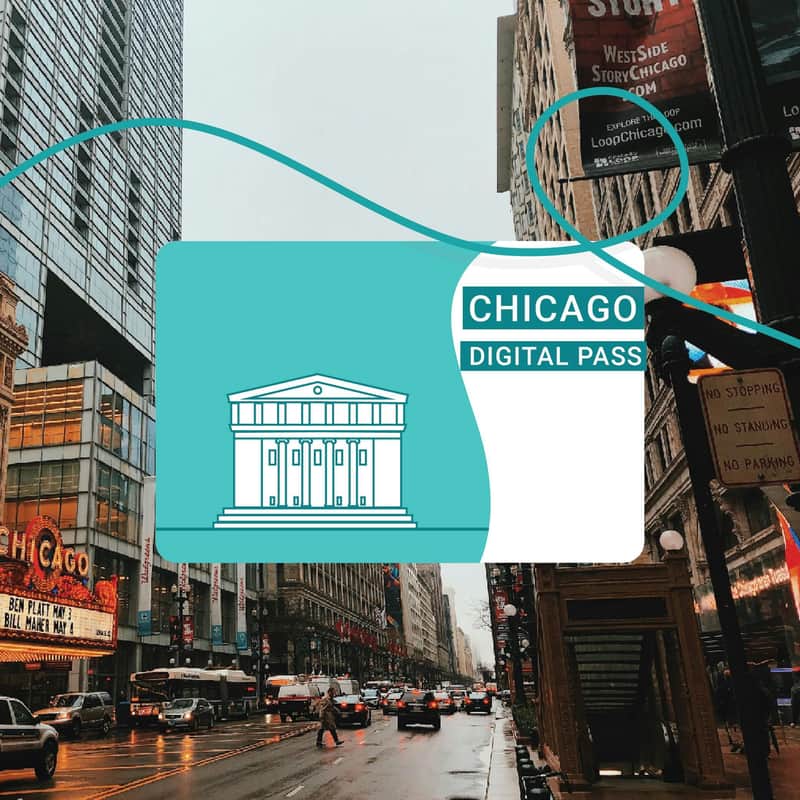 Busy Chicago street on a rainy day with cars and pedestrians; a "Chicago Digital Pass" graphic overlays the scene.