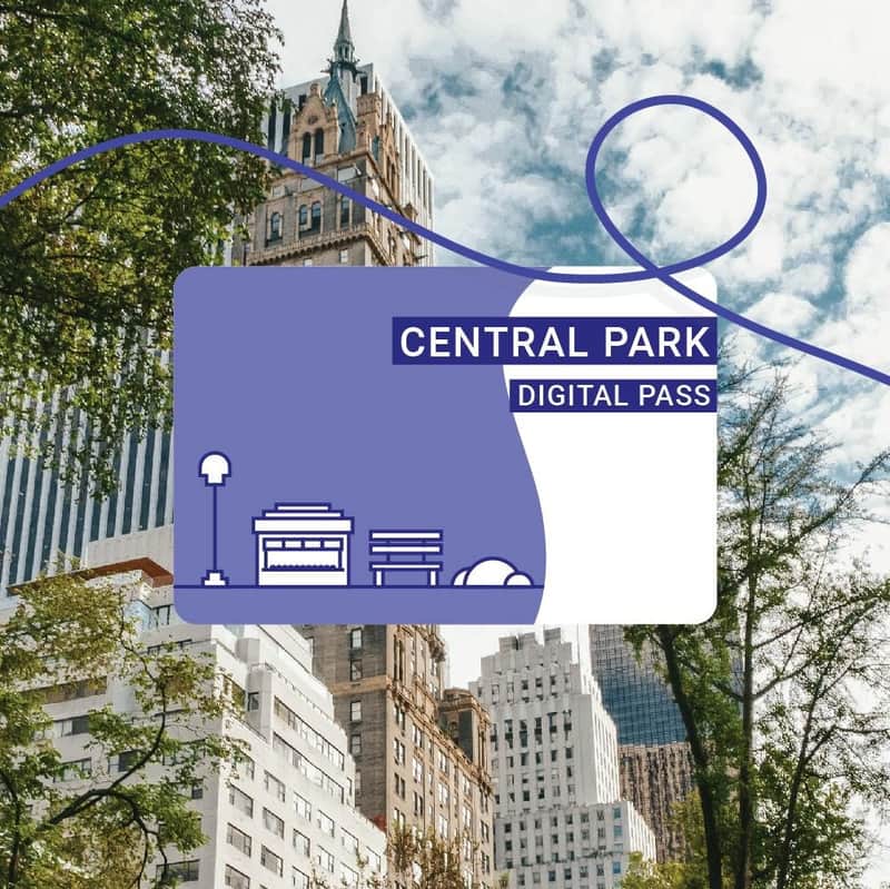 Central Park Bundle + SUMMIT One Vanderbilt – SUMMIT One Vanderbilt & Central Park Zoo Skyline with trees and buildings in the background. A graphic overlay reads "Central Park Digital Pass" with icons of buildings and trees.