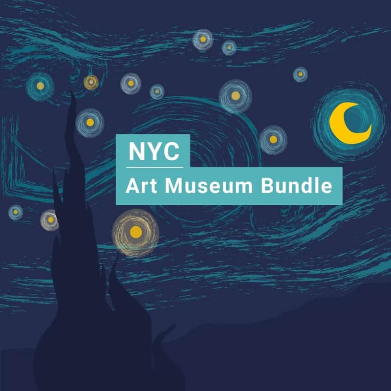 NYC Museum Bundle – American Museum of Natural History (AMNH) & The Guggenheim Illustrated night sky with swirling stars and a crescent moon. Text reads: "NYC Art Museum Bundle."