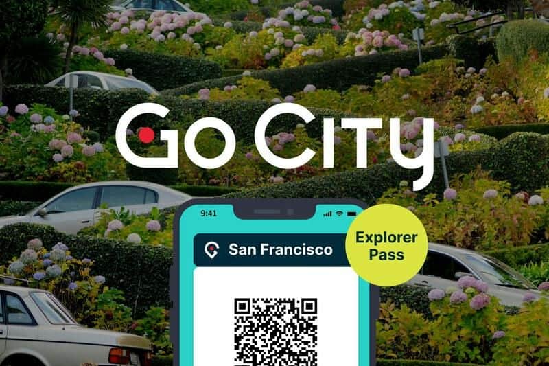 Go City Explorer Pass for San Francisco displayed on a smartphone with a QR code, against the backdrop of a winding, flower-lined street.