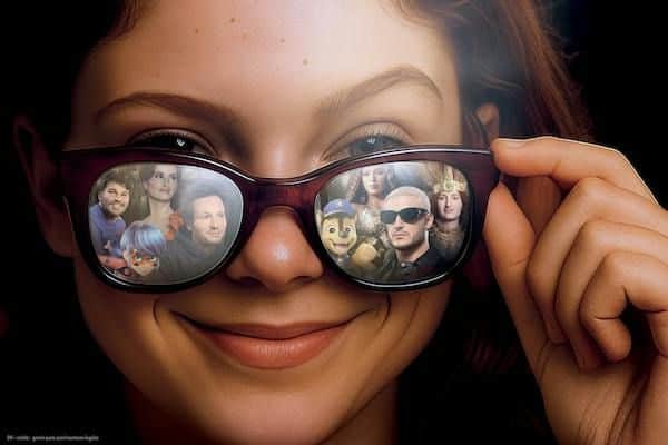 A smiling person wearing sunglasses showing reflections of various individuals, including animated and real characters.