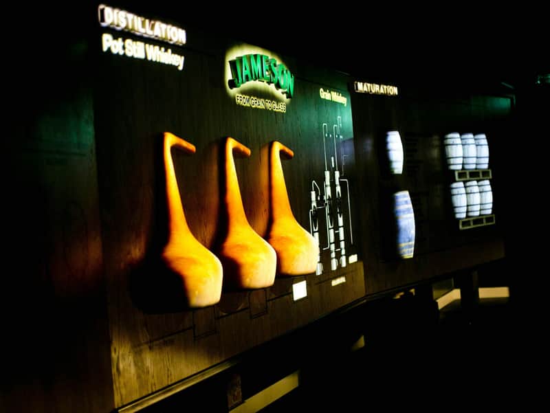 Backlit display showing different stages of whiskey production: distillation, grain whiskey, and maturation with accompanying images.