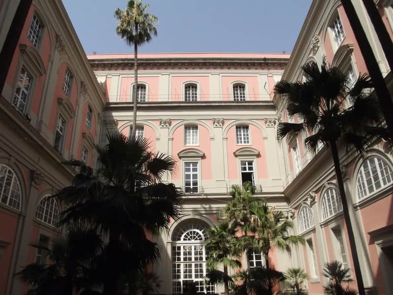 Sunlit courtyard with pink and cream buildings, arched windows, and tall palm trees reaching towards a clear blue sky.