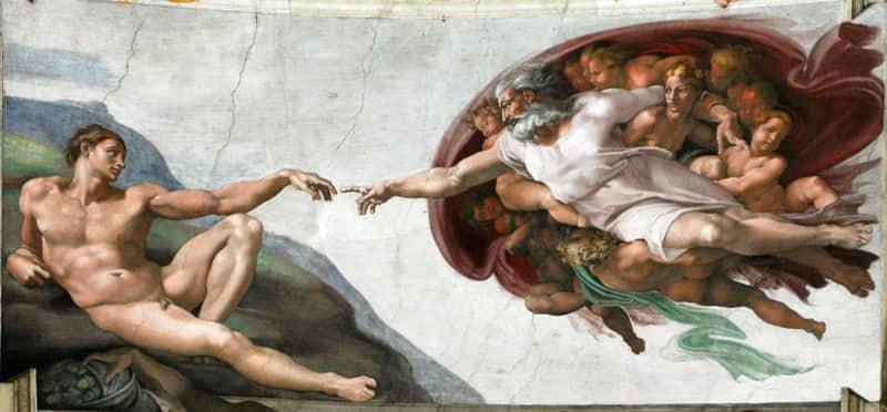 A fresco painting depicting two nearly touching hands, with a reclining nude man on the left and a white-robed figure surrounded by others on the right.