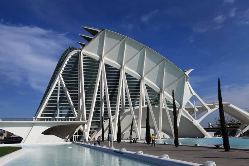 Science Museum Valencia City Cards & Passes (València) A futuristic white building with structural arches, surrounded by water and a few tall, narrow trees against a blue sky.