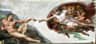 A fresco painting depicting two nearly touching hands, with a reclining nude man on the left and a white-robed figure surrounded by others on the right.