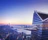 Edge NYC City Card (New York) High-rise building with triangular observation deck, people, and glass railings on the right. Cityscape and sunset in the background.